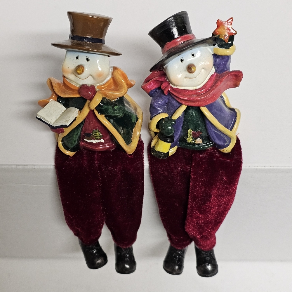 Set of 2 Shelf Sitting Christmas Snowman Figurines – Ceramic with Velvety Pants